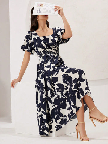 Women's Short Floral Print Puff Sleeve Dress