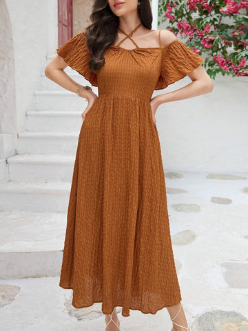Women's Short Sleeve Criss Cross Tie Back Texture Fabric Summer Dress