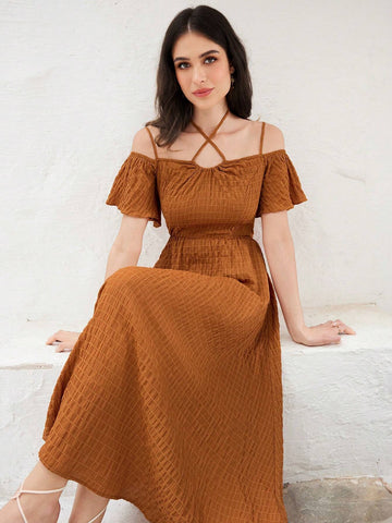 Women's Short Sleeve Criss Cross Tie Back Texture Fabric Summer Dress