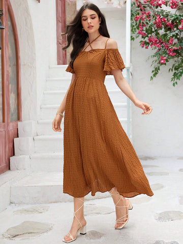 Women's Short Sleeve Criss Cross Tie Back Texture Fabric Summer Dress