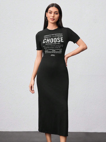 Women's Short Sleeve Slogan Print Dress With Split Hem