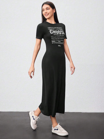 Women's Short Sleeve Slogan Print Dress With Split Hem