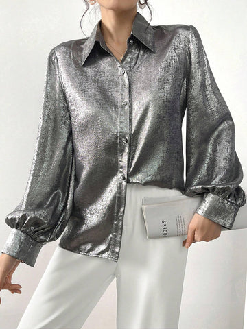 Mulvari Women's Silver Simple Button-Down Shirt For Daily Wear