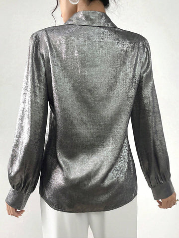 Mulvari Women's Silver Simple Button-Down Shirt For Daily Wear