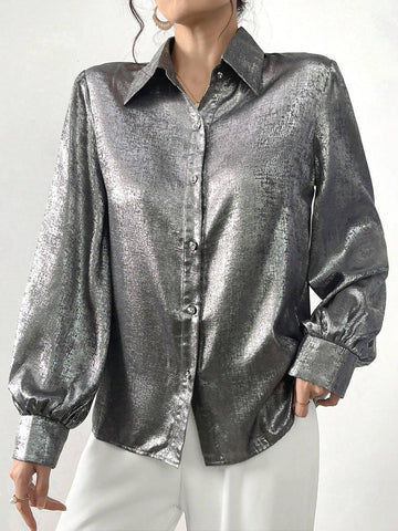 Mulvari Women's Silver Simple Button-Down Shirt For Daily Wear