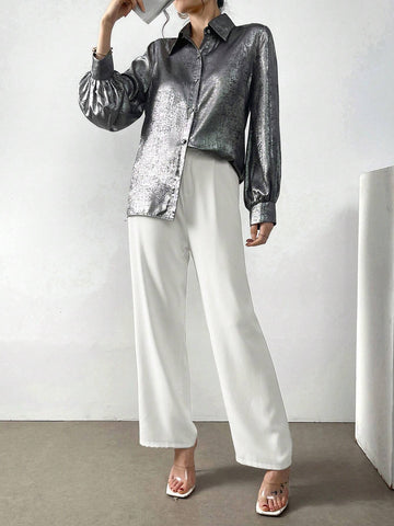 Mulvari Women's Silver Simple Button-Down Shirt For Daily Wear