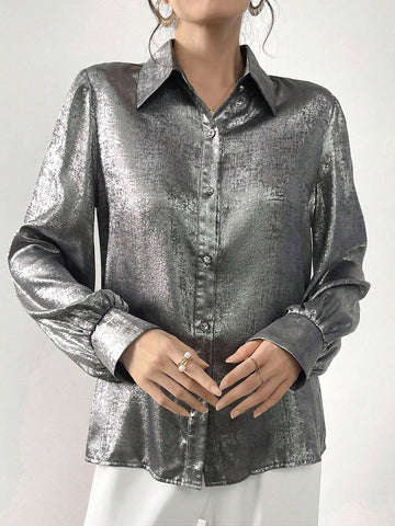 Mulvari Women's Silver Simple Button-Down Shirt For Daily Wear