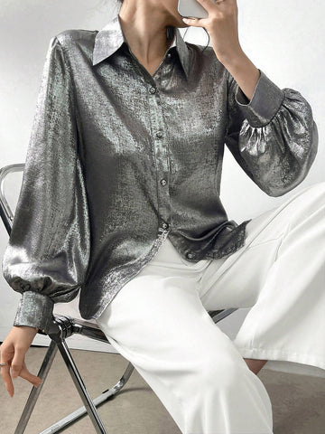 Mulvari Women's Silver Simple Button-Down Shirt For Daily Wear