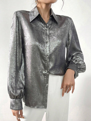 Mulvari Women's Silver Simple Button-Down Shirt For Daily Wear