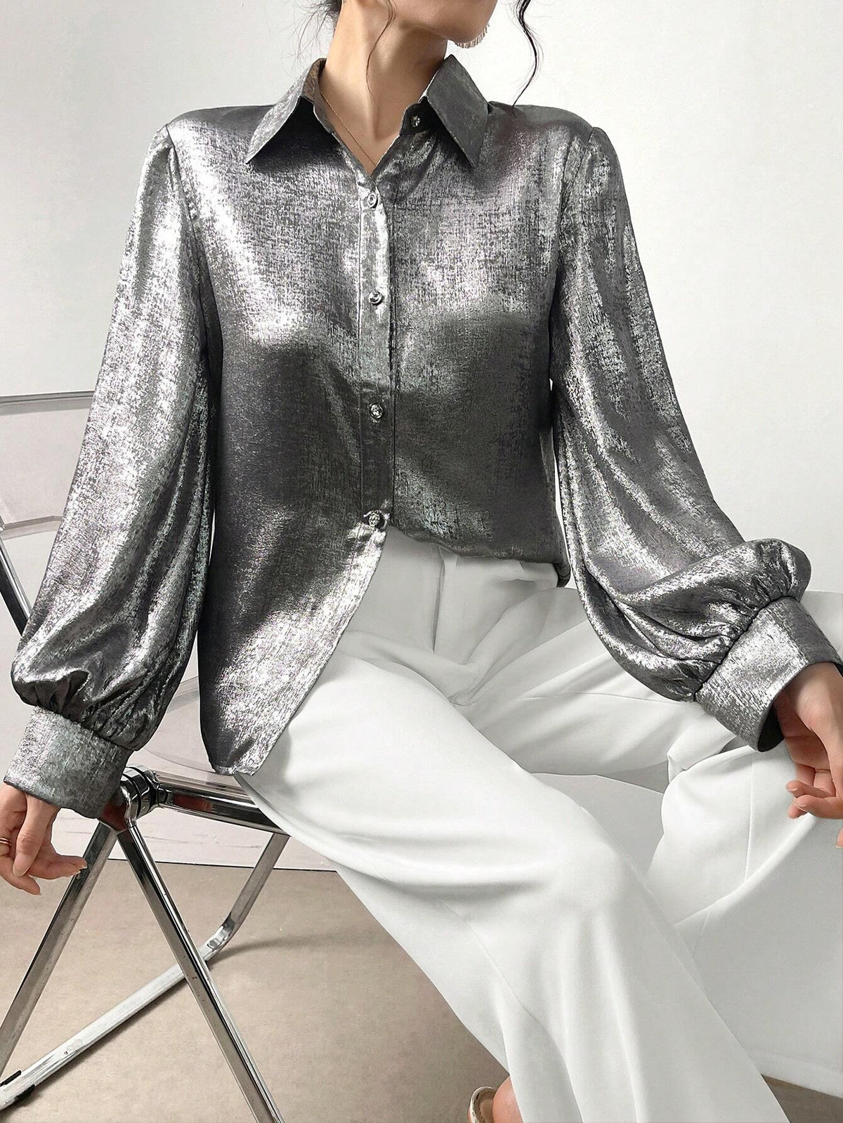 Mulvari Women's Silver Simple Button-Down Shirt For Daily Wear