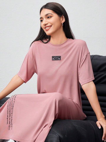 Women's Slogan Print Patched Detail Drop Shoulder Side Slit Dress