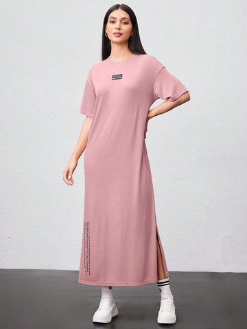 Women's Slogan Print Patched Detail Drop Shoulder Side Slit Dress