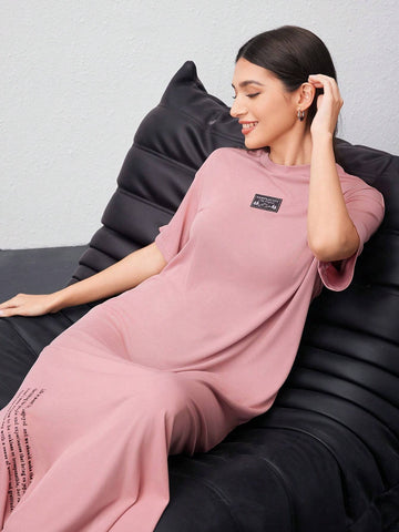 Women's Slogan Print Patched Detail Drop Shoulder Side Slit Dress
