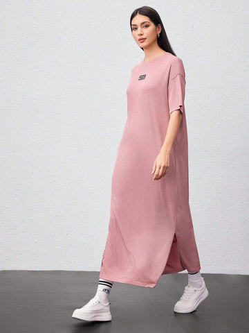 Women's Slogan Print Patched Detail Drop Shoulder Side Slit Dress