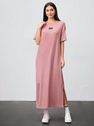 Women's Slogan Print Patched Detail Drop Shoulder Side Slit Dress