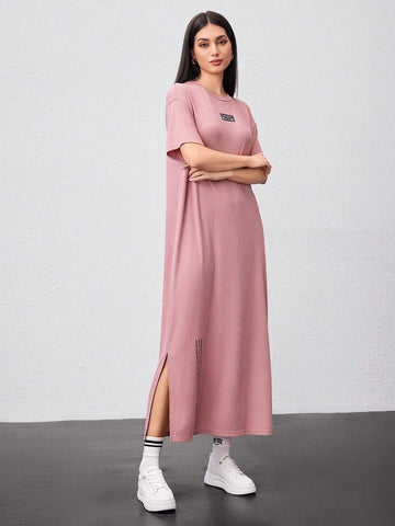 Women's Slogan Print Patched Detail Drop Shoulder Side Slit Dress