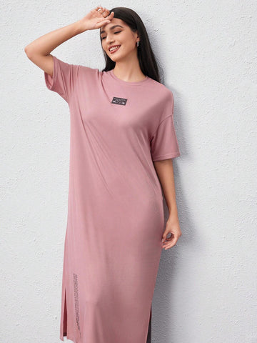 Women's Slogan Print Patched Detail Drop Shoulder Side Slit Dress