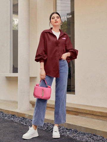 Mulvari Women's Solid Color Appliqued Front Button Casual Long Sleeve Shirt