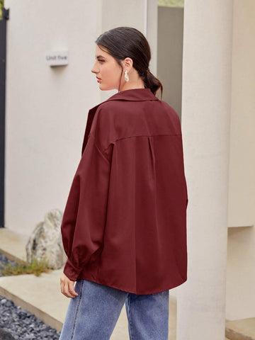 Mulvari Women's Solid Color Appliqued Front Button Casual Long Sleeve Shirt