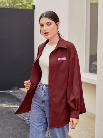 Mulvari Women's Solid Color Appliqued Front Button Casual Long Sleeve Shirt