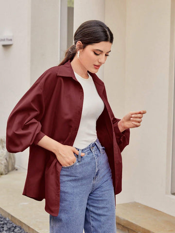 Mulvari Women's Solid Color Appliqued Front Button Casual Long Sleeve Shirt