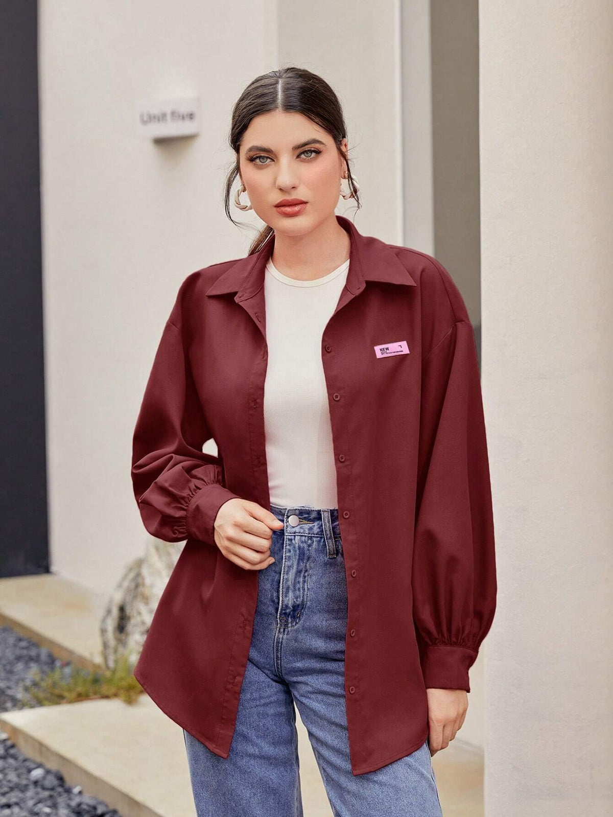 Mulvari Women's Solid Color Appliqued Front Button Casual Long Sleeve Shirt