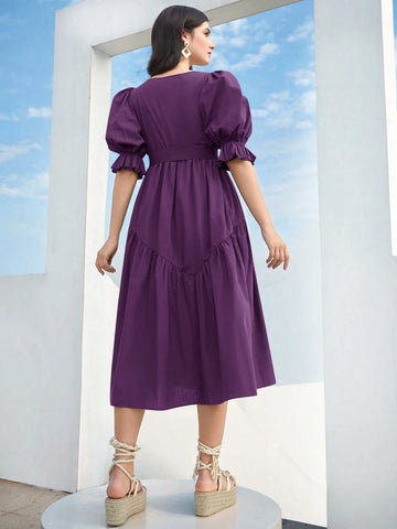 Women's Solid Color Asymmetric Neckline Short Sleeve Pleated Dress