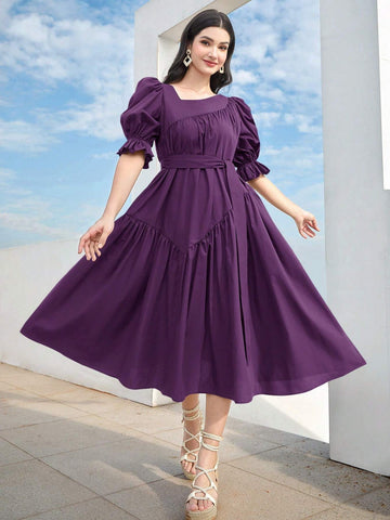 Women's Solid Color Asymmetric Neckline Short Sleeve Pleated Dress