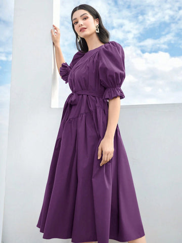 Women's Solid Color Asymmetric Neckline Short Sleeve Pleated Dress