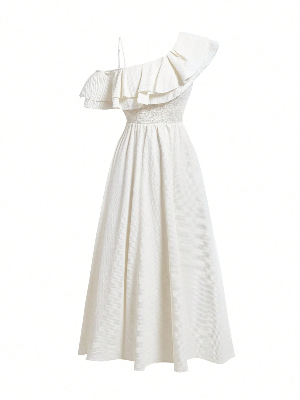 Women's Solid Color Asymmetrical Neckline Draped Ruffle Hem Summer Dress SKU: sz2403045056043226