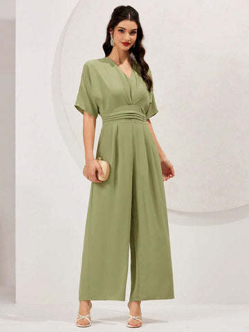 Women's Solid Color Batwing Short Sleeve Jumpsuit