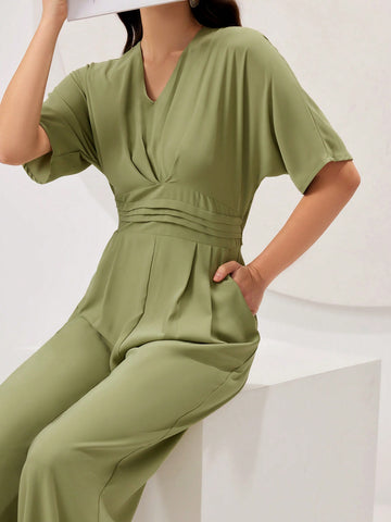 Women's Solid Color Batwing Short Sleeve Jumpsuit