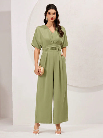 Women's Solid Color Batwing Short Sleeve Jumpsuit