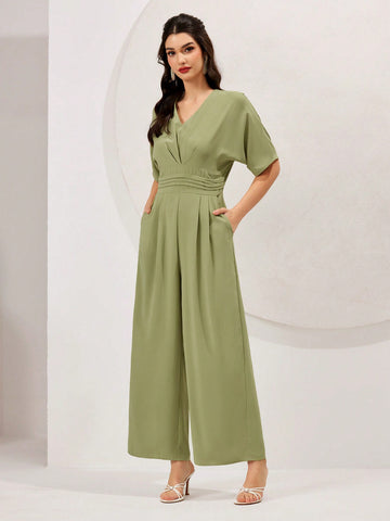 Women's Solid Color Batwing Short Sleeve Jumpsuit