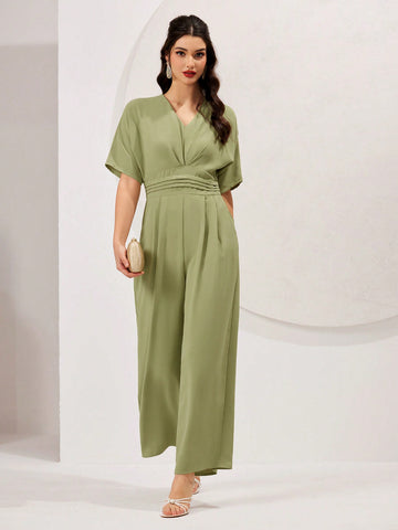 Women's Solid Color Batwing Short Sleeve Jumpsuit