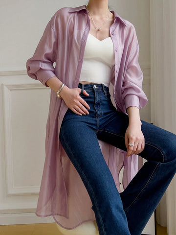 Mulvari Women's Solid Color Casual Long Sleeve Long Shirt, Front Button Fastening, Summer