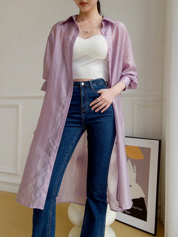 Mulvari Women's Solid Color Casual Long Sleeve Long Shirt, Front Button Fastening, Summer