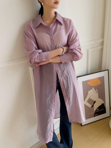 Mulvari Women's Solid Color Casual Long Sleeve Long Shirt, Front Button Fastening, Summer