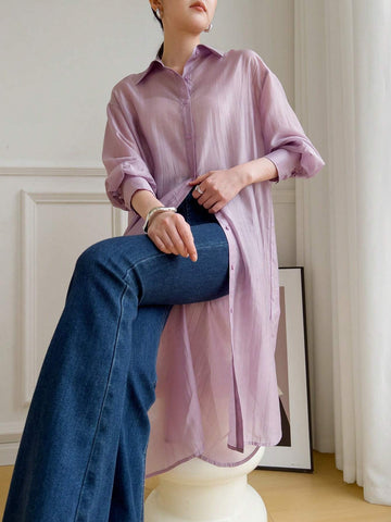 Mulvari Women's Solid Color Casual Long Sleeve Long Shirt, Front Button Fastening, Summer