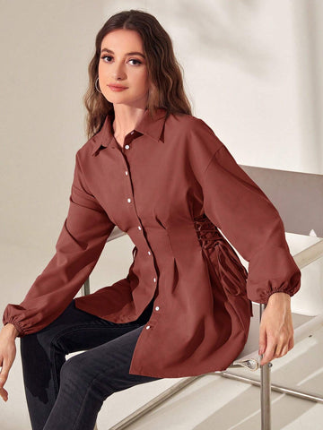 Mulvari Women's Solid Color Front Button Long Sleeve Tie Casual Shirt