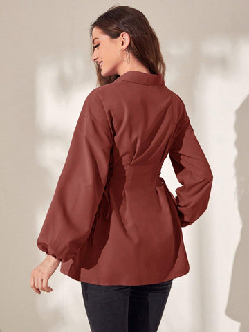 Mulvari Women's Solid Color Front Button Long Sleeve Tie Casual Shirt