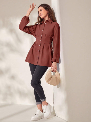 Mulvari Women's Solid Color Front Button Long Sleeve Tie Casual Shirt