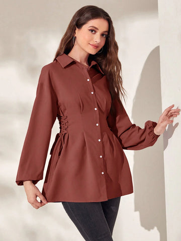 Mulvari Women's Solid Color Front Button Long Sleeve Tie Casual Shirt