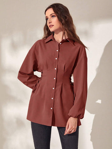 Mulvari Women's Solid Color Front Button Long Sleeve Tie Casual Shirt