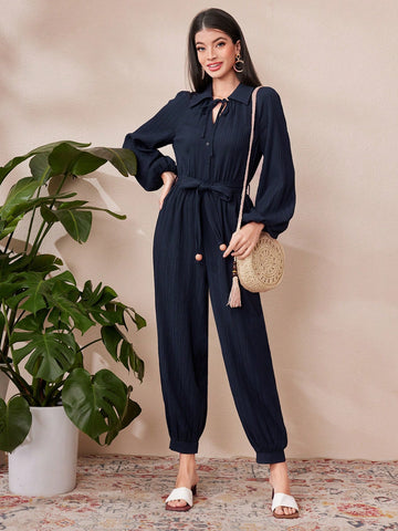 Women's Solid Color Lantern Sleeve Casual Jumpsuit