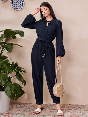 Women's Solid Color Lantern Sleeve Casual Jumpsuit