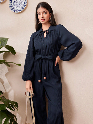 Women's Solid Color Lantern Sleeve Casual Jumpsuit