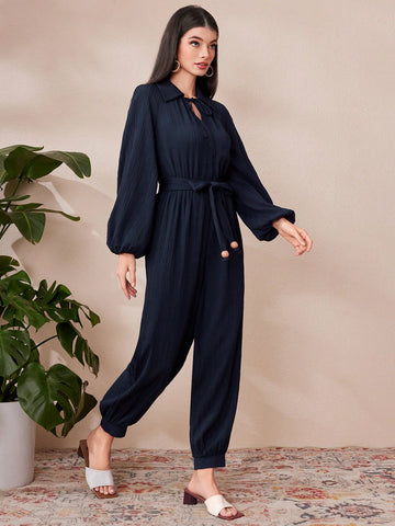 Women's Solid Color Lantern Sleeve Casual Jumpsuit