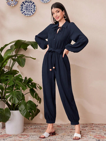 Women's Solid Color Lantern Sleeve Casual Jumpsuit