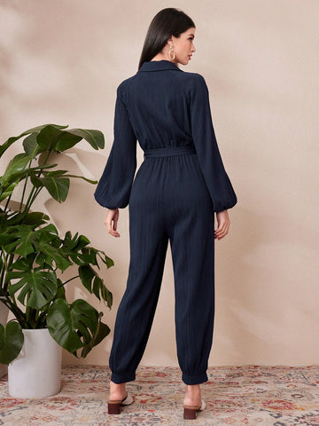 Women's Solid Color Lantern Sleeve Casual Jumpsuit